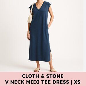 Cloth & Stone Cotton V-Neck Midi Tee Dress Side Slits XS Indigo Blue